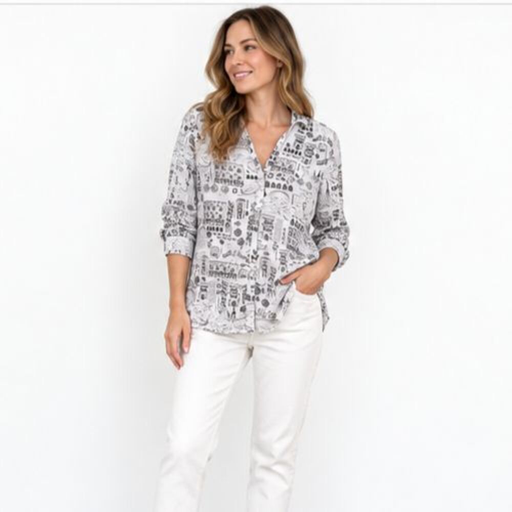 Cynthia Rowley Linen Womens Button Down Shirt White Black Gondolas Print Medium